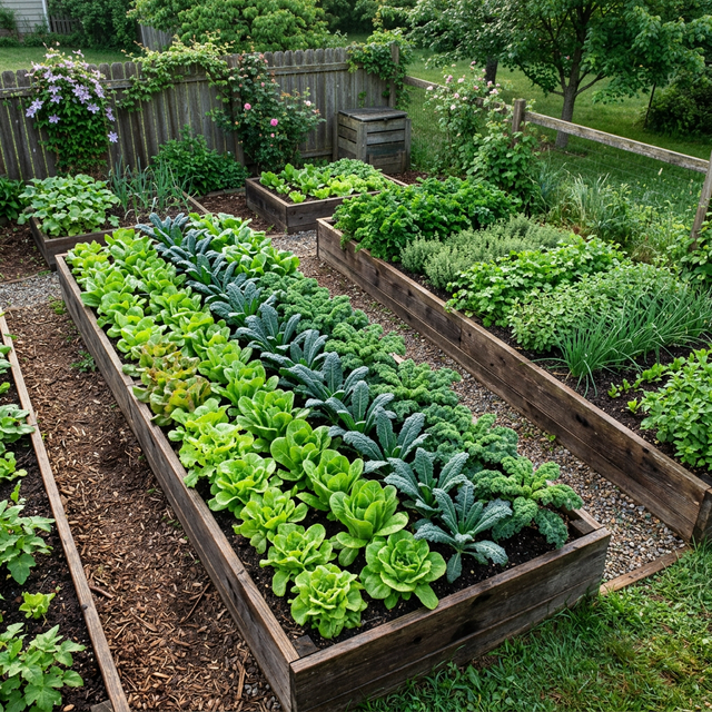 Well-organized raised bed garden with lettuces and herbs